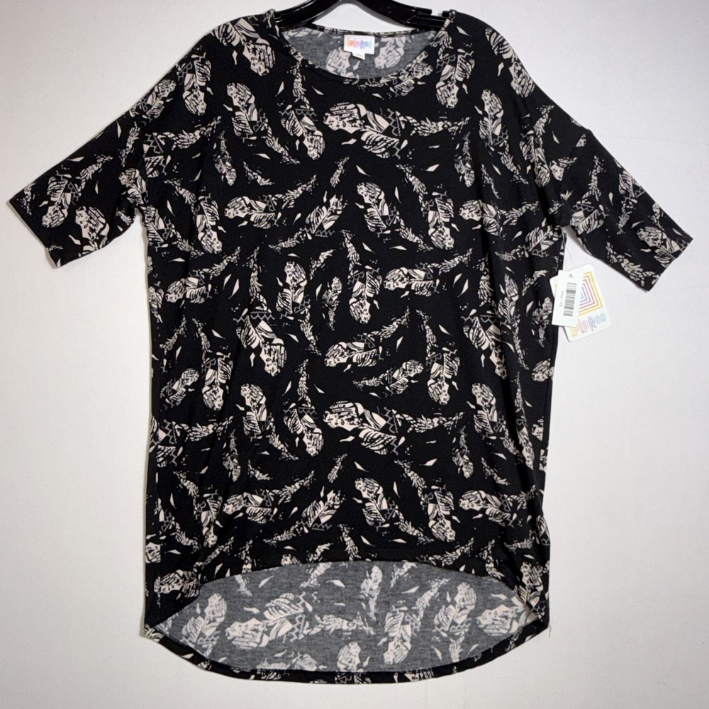 LulaRoe Irma Women's Tunic TShirt Feathers Black Size XS‎ NWT
